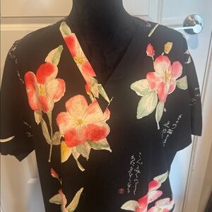 V-Neck Black Scrub/Tunic Top with Pink Flowers